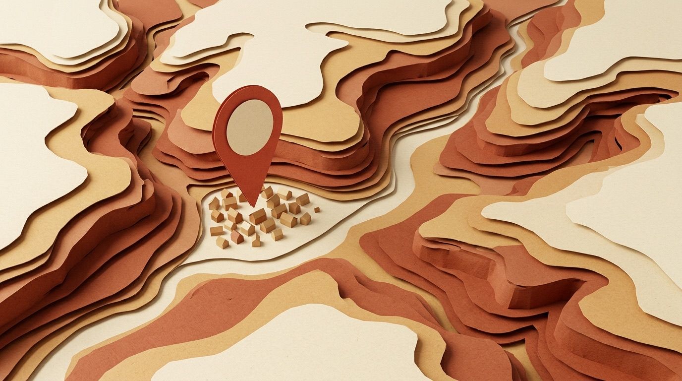 A paper-cut map of red rock country with a single large map pin marking a small town.