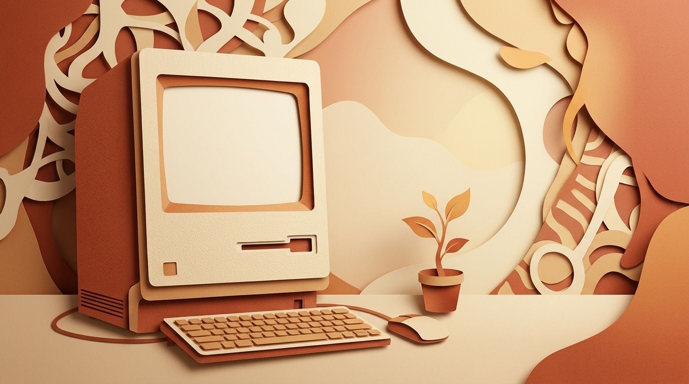 A paper-cut outline of an old desktop computer with a small green sprout growing next to it, in red rock colors.