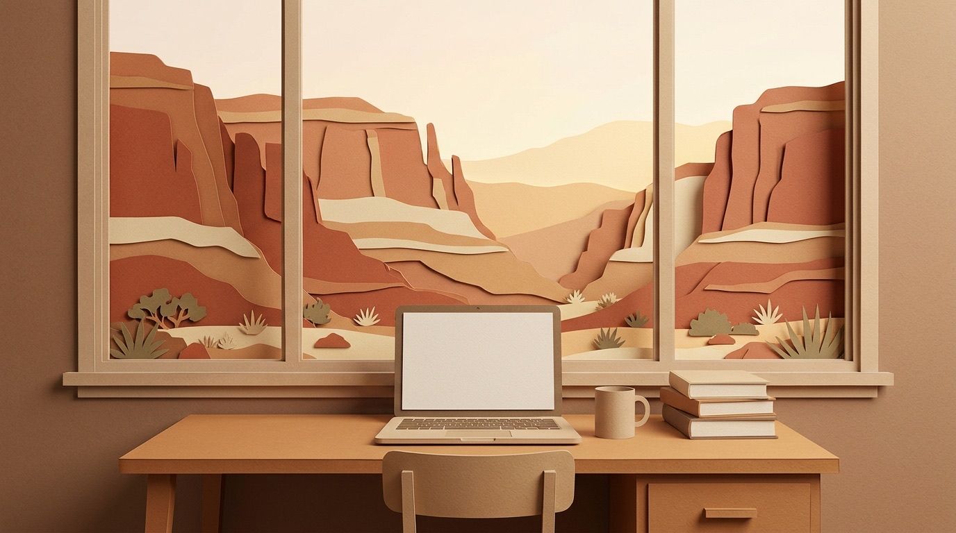 A tidy workbench with a laptop and a mug, in front of a window looking out on red rock cliffs.