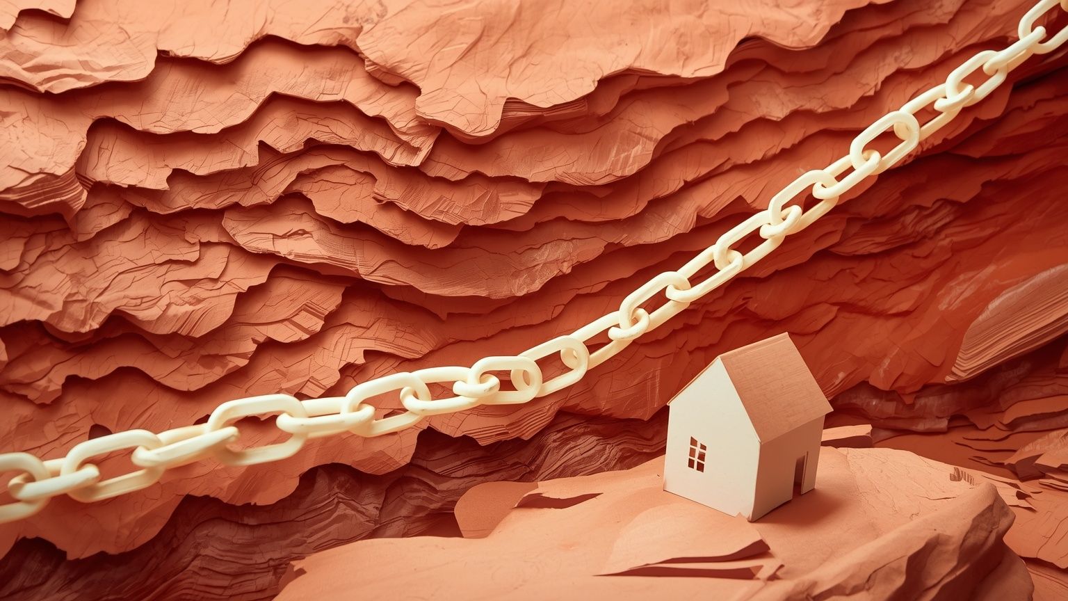 Paper-cut chain links connecting small houses across layered red rock hills.