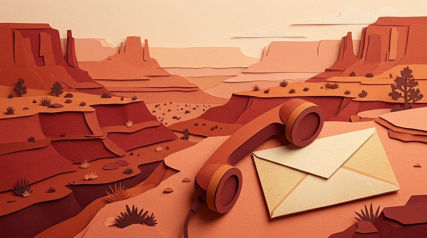 A paper-cut telephone handset and a folded envelope in front of layered red rock mesas, in rust, sand and cream.