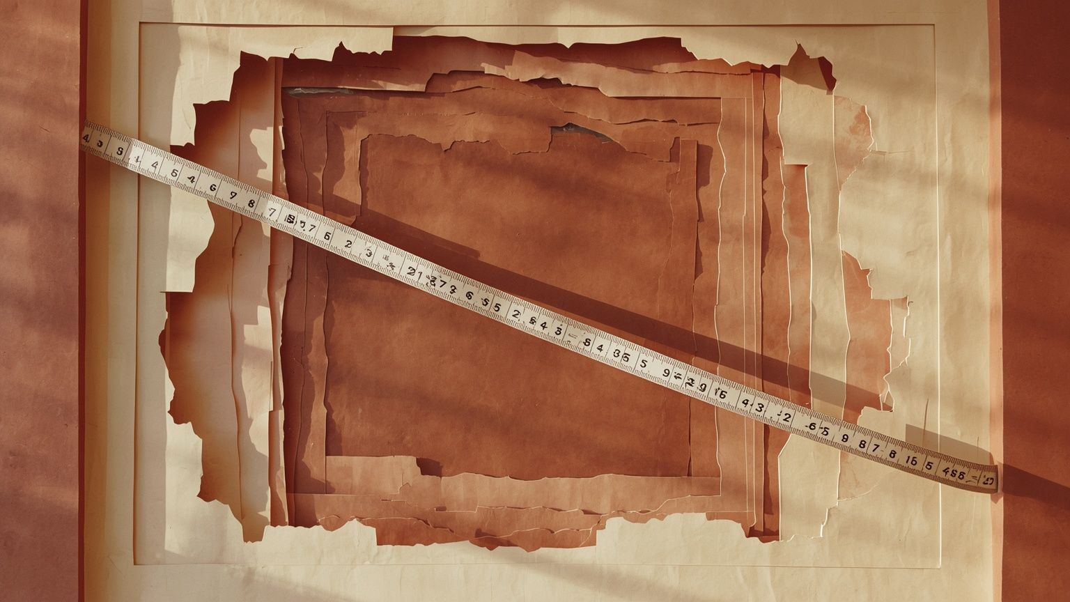 A paper-cut shop window with a measuring tape draped across it, in red rock colors.