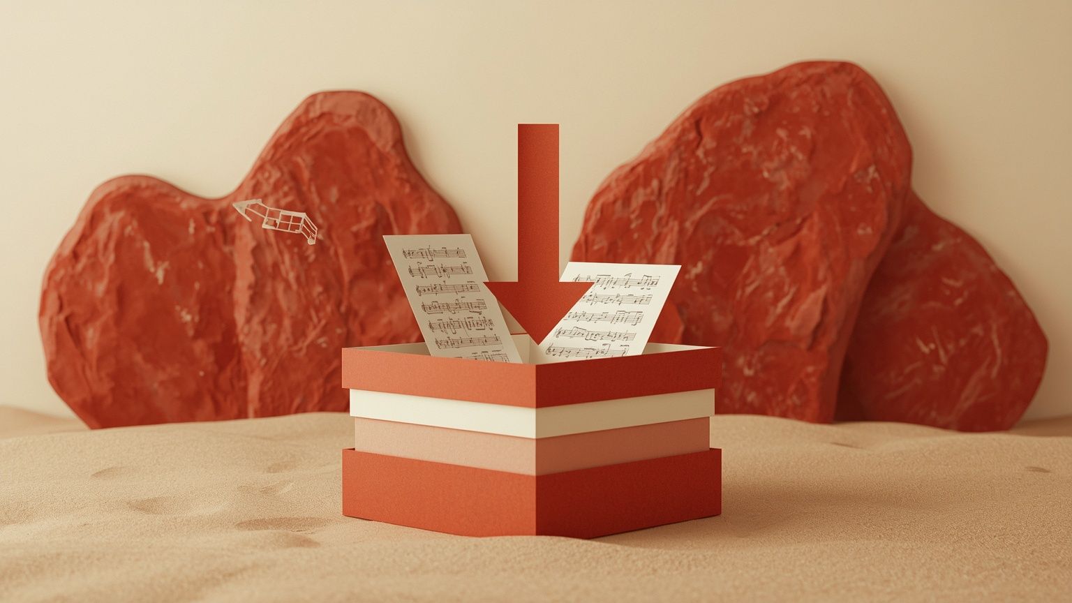 A paper-cut open box with a download arrow, sheets of paper and a music note rising from it.