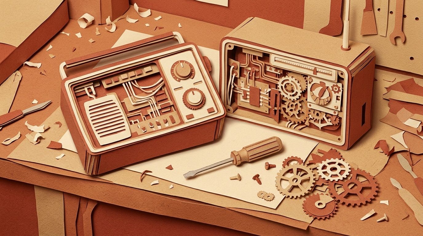 A paper-cut workbench with an opened radio, a screwdriver and scattered gears, in red rock colors.