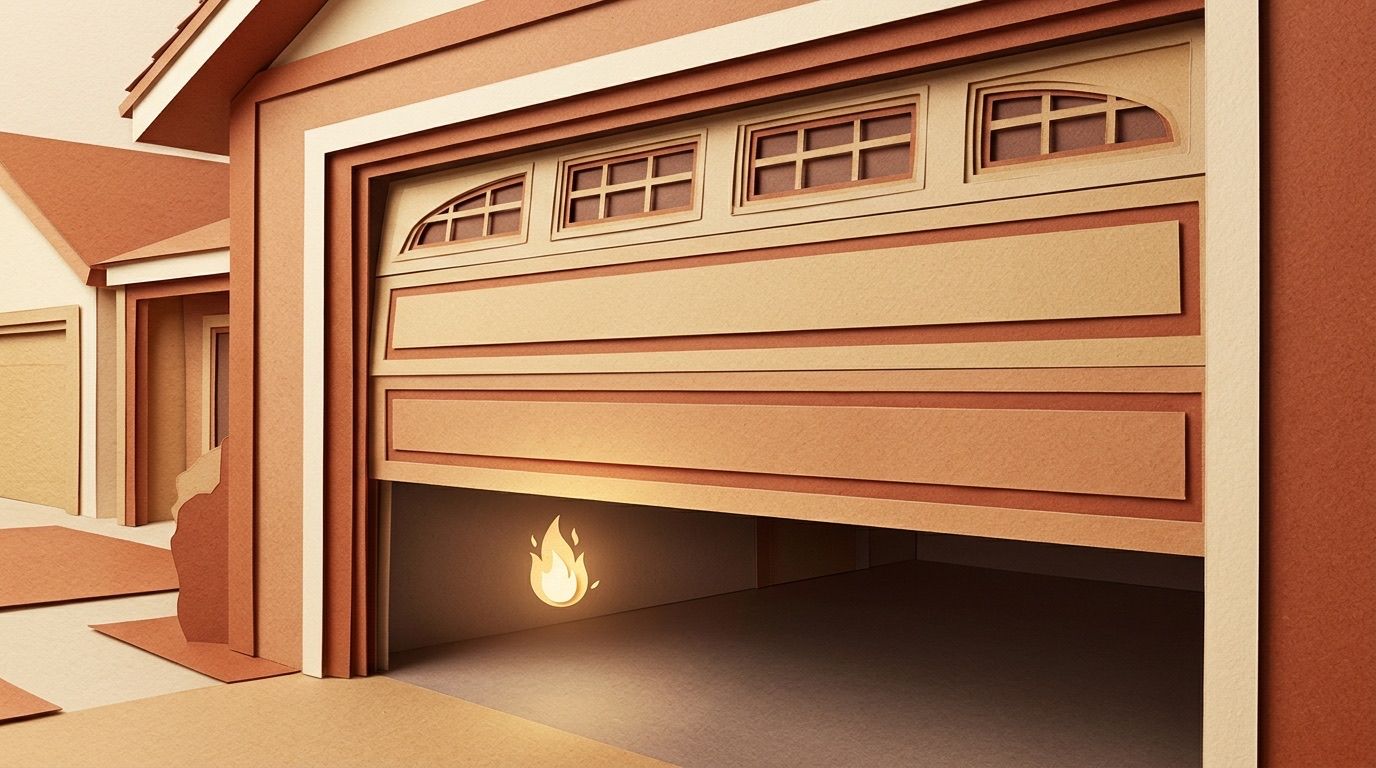 A paper-cut garage door partly open, with a small spark of light in front of it, in red rock colors.