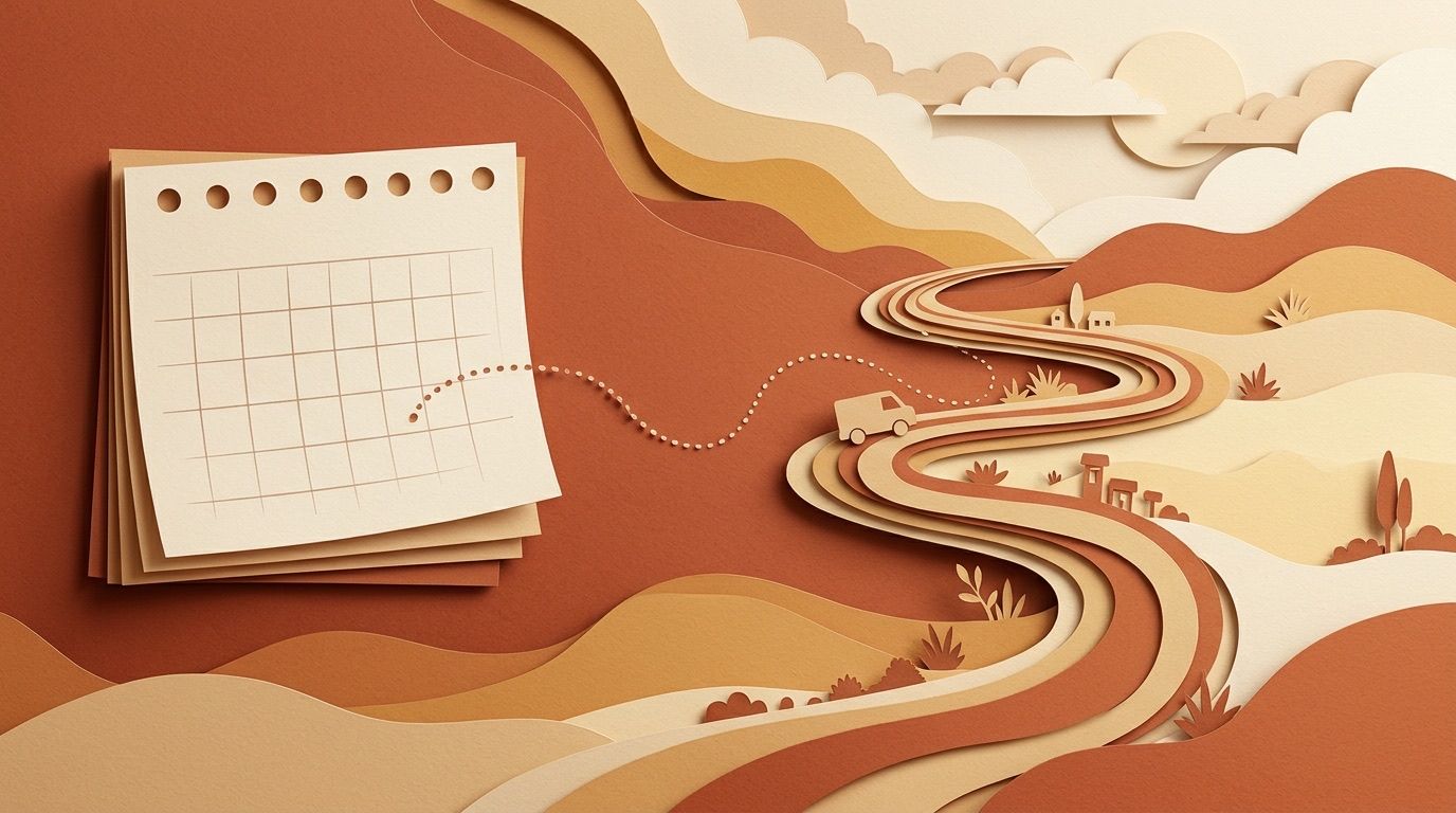 A paper-cut calendar beside a winding road with a small van on it, linked by a dotted route line, in red rock colors.