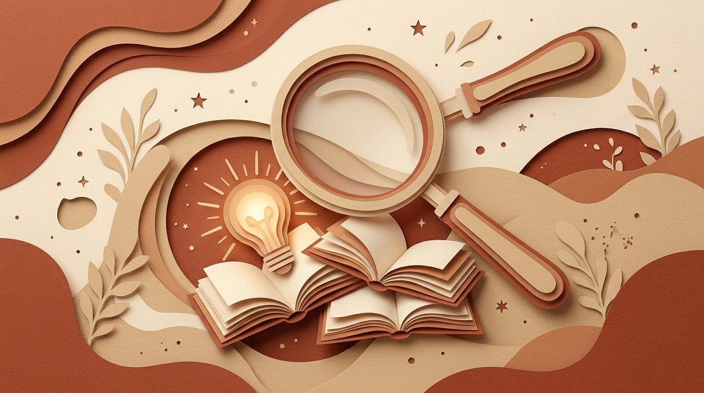 A paper-cut magnifying glass over a stack of open books and a lightbulb.