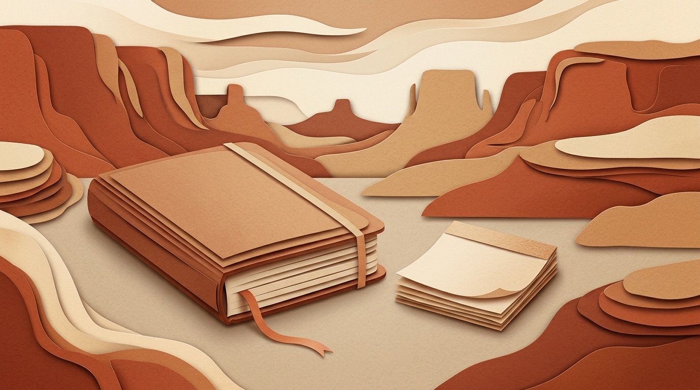 A paper-cut notebook with a bookmark and a small stack of notes, against soft red rock shapes.