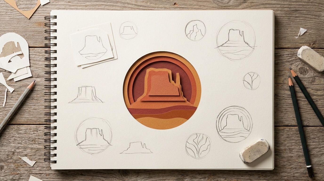 A simple circular emblem with a mesa outline sitting on a sketchpad surrounded by rough draft shapes, in rust, sand and cream paper layers.