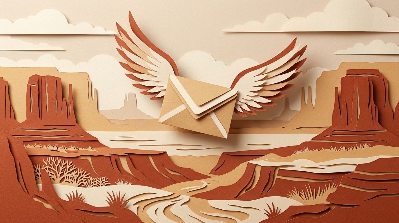 A winged envelope flying over red rock mesas.