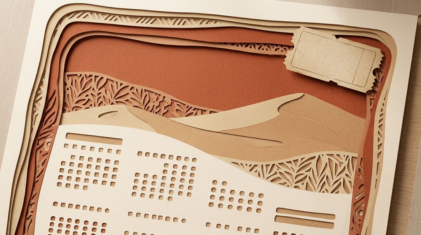 A paper-cut calendar page with a ticket stub resting on it, in red rock colors.