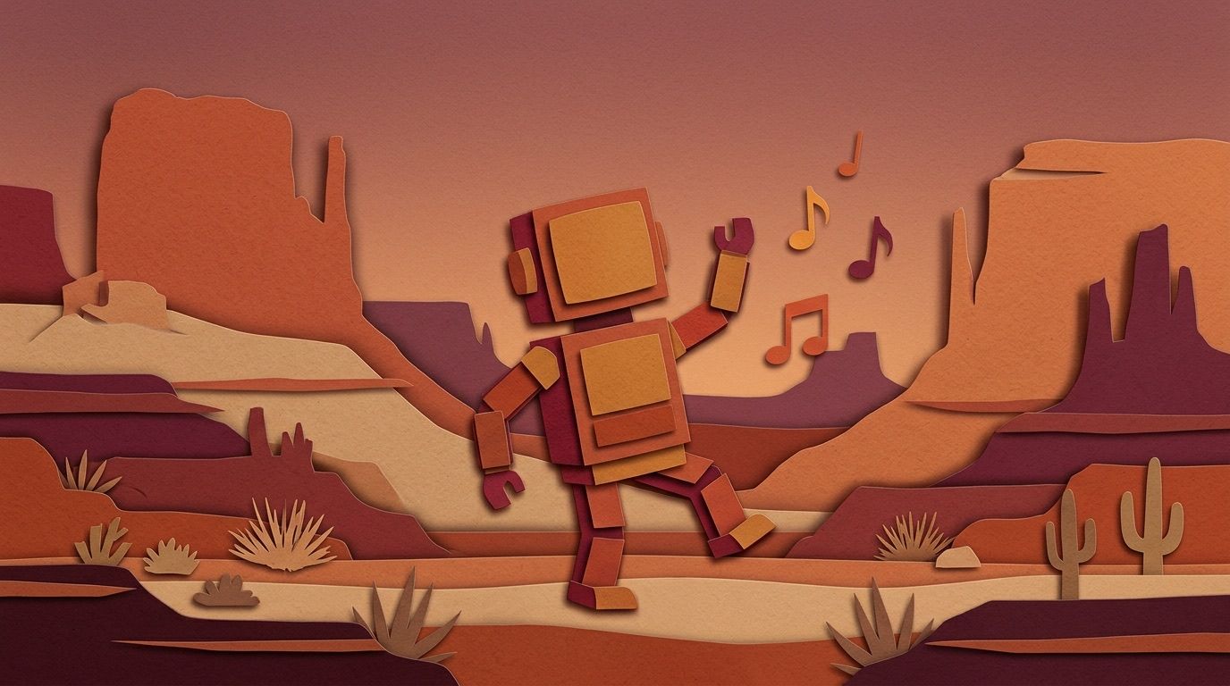 A small boxy paper-cut robot caught mid-dance next to floating music notes, in rust, sand and cream layers.