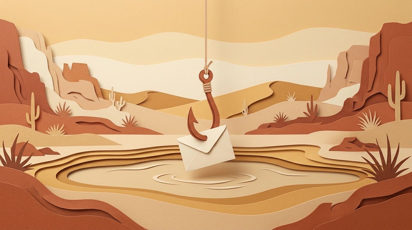 A fishing hook holding an envelope as bait, hanging over still water in a red rock landscape.