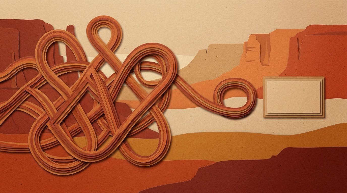 A long tangled paper ribbon gathered into a short tidy loop next to a small product card, in rust, sand and cream paper layers.
