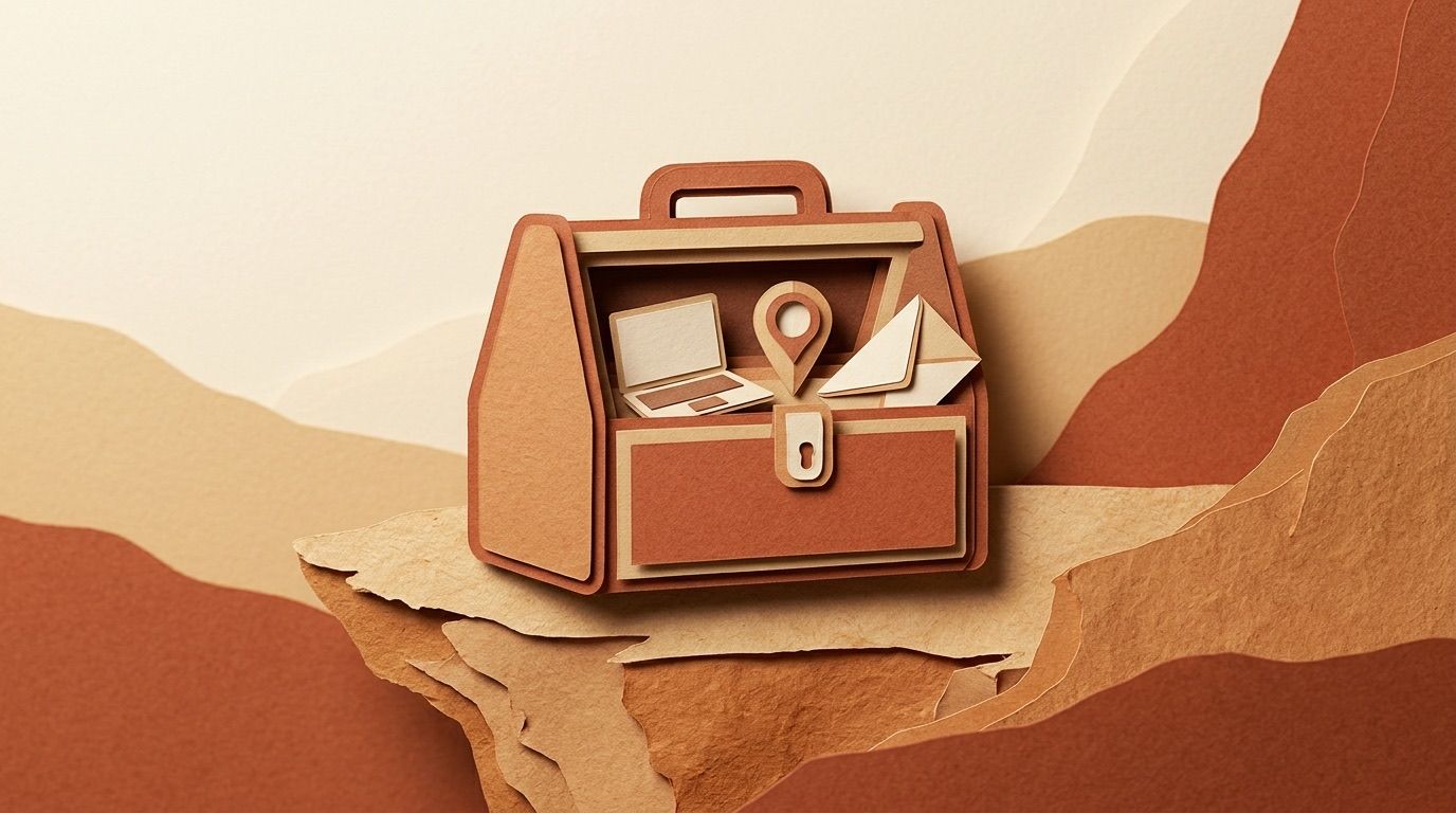 An open toolbox on a red rock ledge holding a small laptop, a map pin and an envelope.