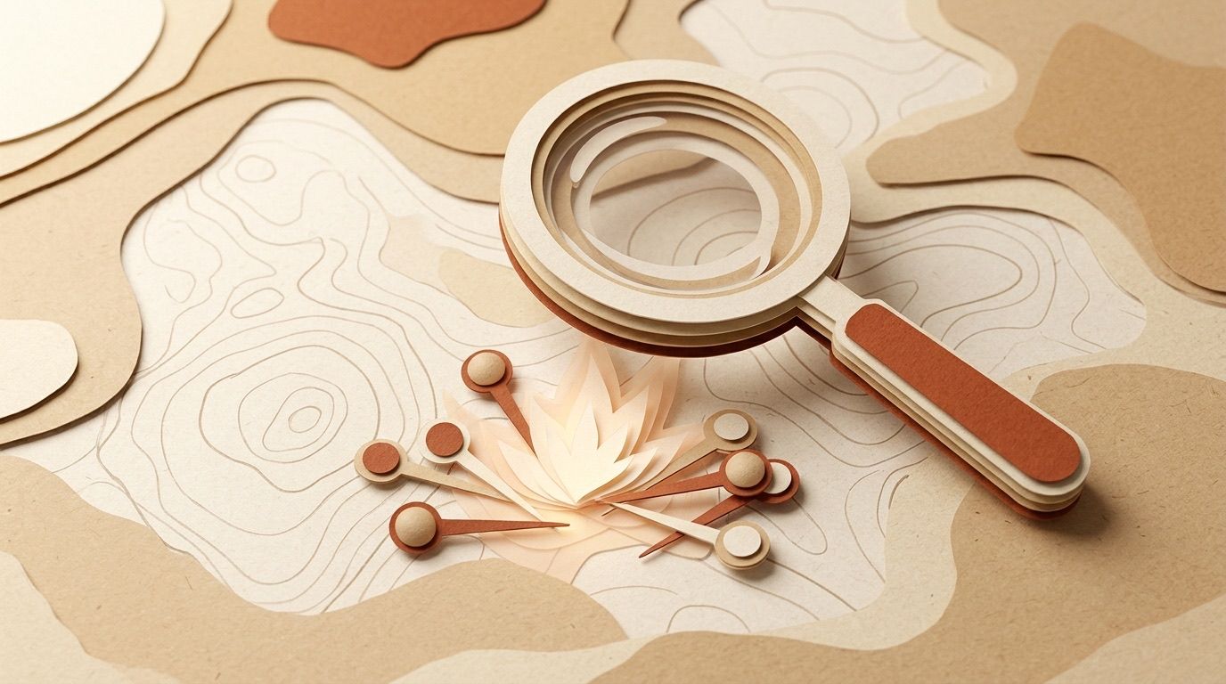 A paper-cut magnifying glass hovering over map pins, with a small glow of light.