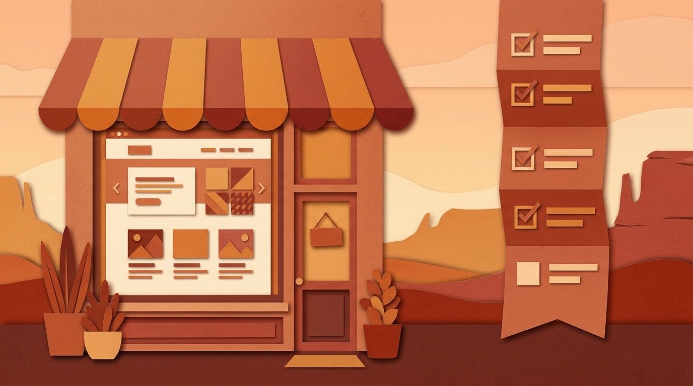 A paper-cut storefront window that frames a simple web page layout, with a checklist ribbon beside it, in rust, sand and cream layers.