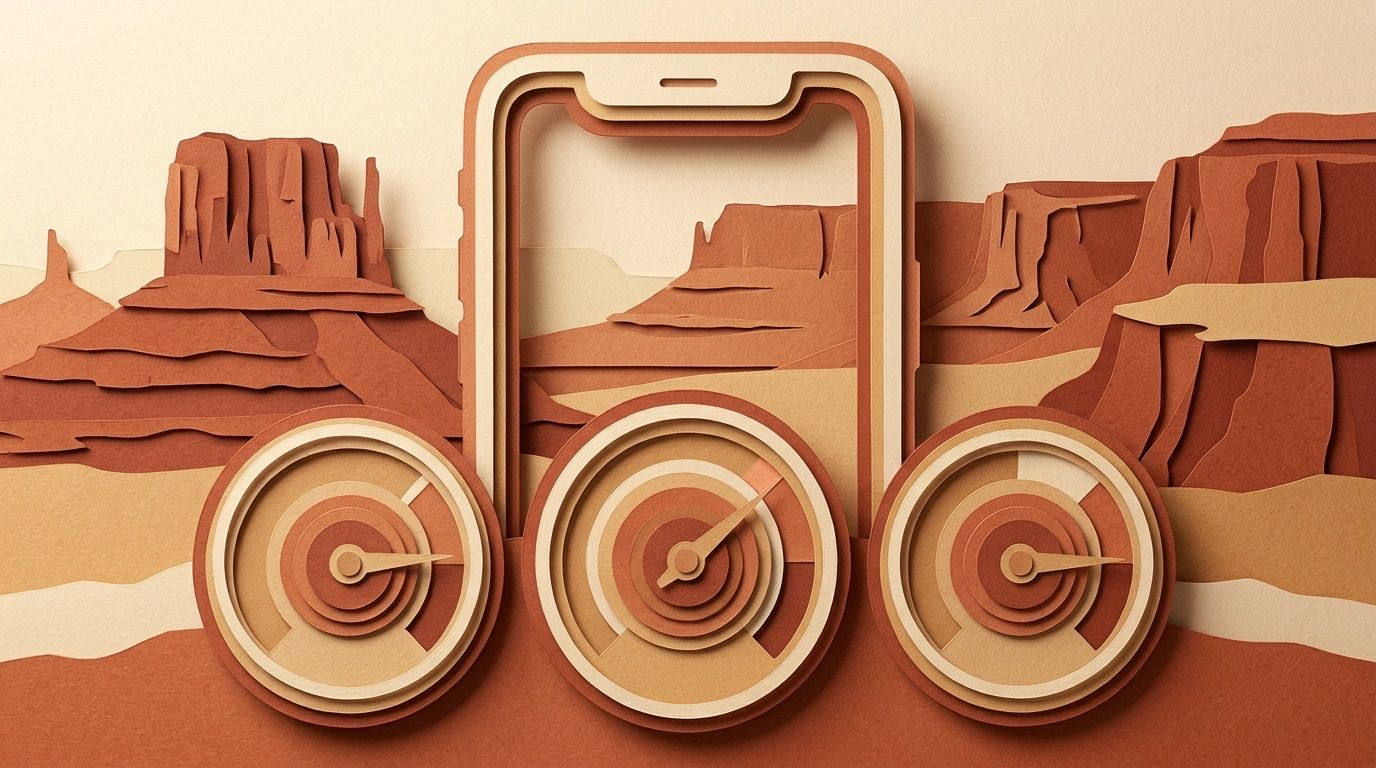 Three paper-cut dials with needles in the good zone, beside the outline of a phone and red rock mesas.