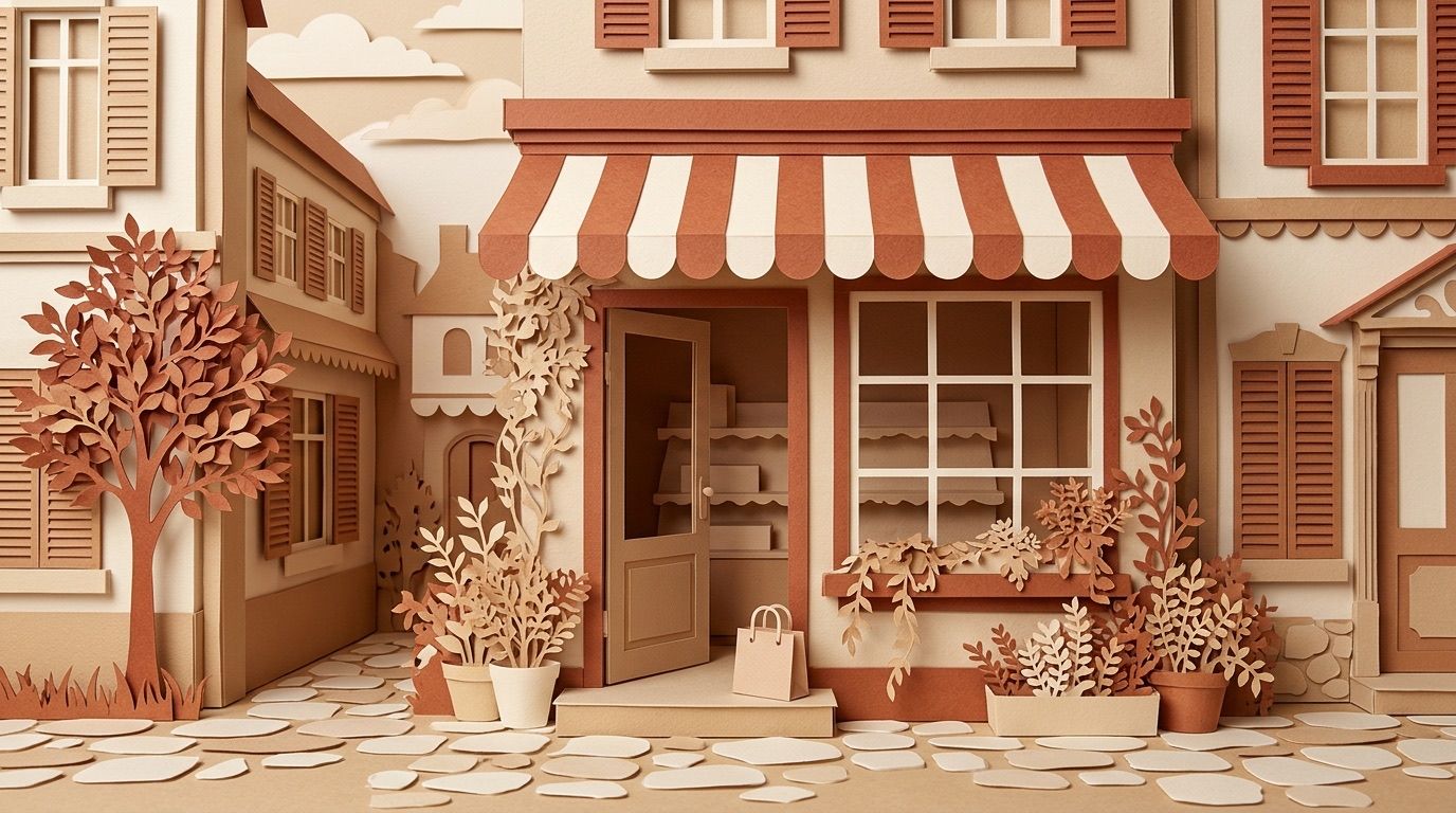 A paper-cut shopfront with an awning and an open door, a shopping bag resting on the step.