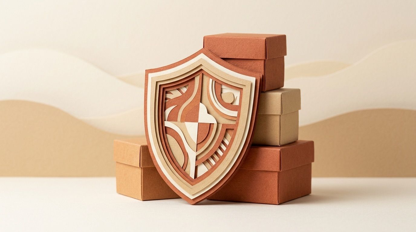 A paper-cut shield standing in front of three stacked boxes, in red rock colors.