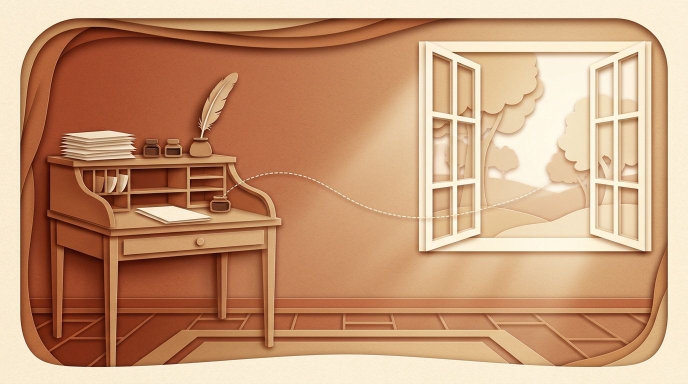 A paper-cut writing desk with a quill, linked by a dotted line to a bright open window, in red rock colors.