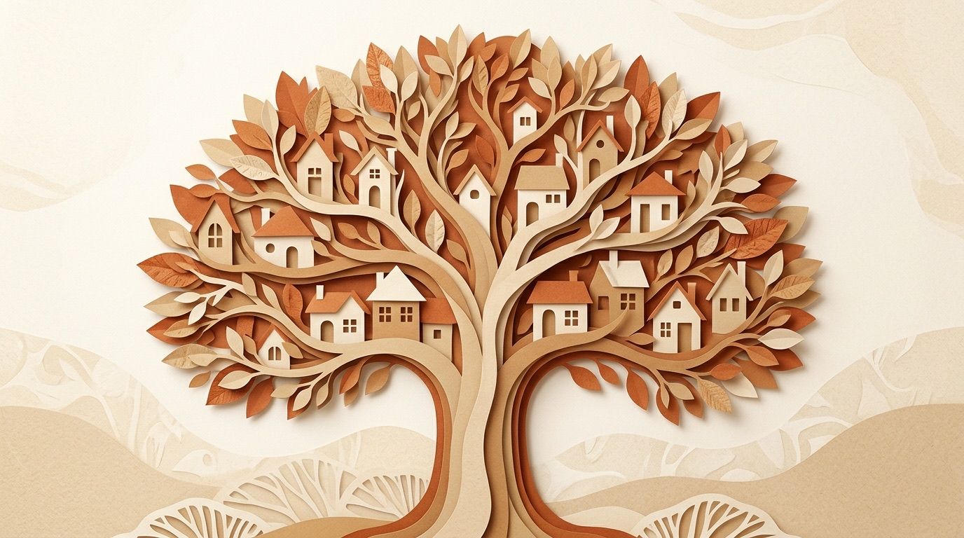 A paper-cut tree whose branches hold several small houses, all from one trunk, in red rock colors.