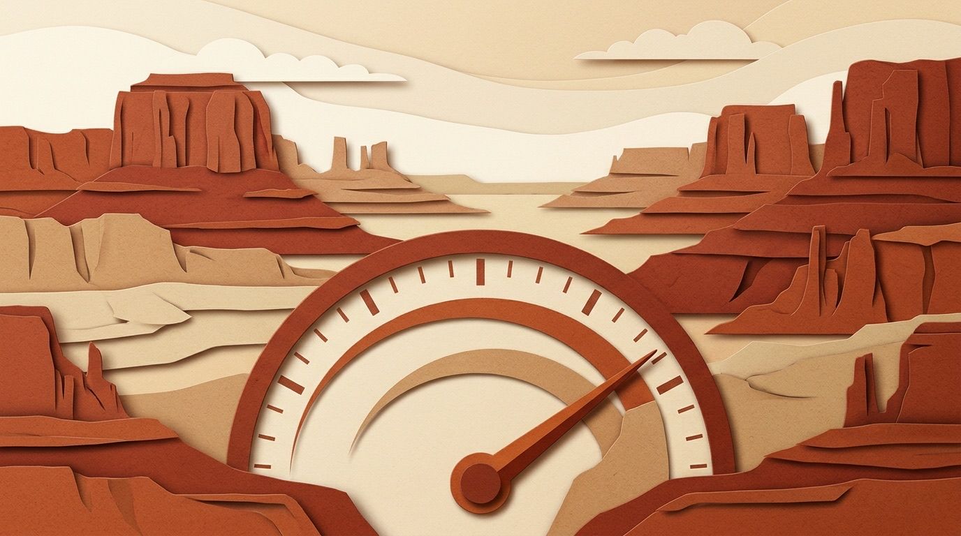 A paper-cut speed gauge with its needle near the fast end, in front of layered red rock cliffs.