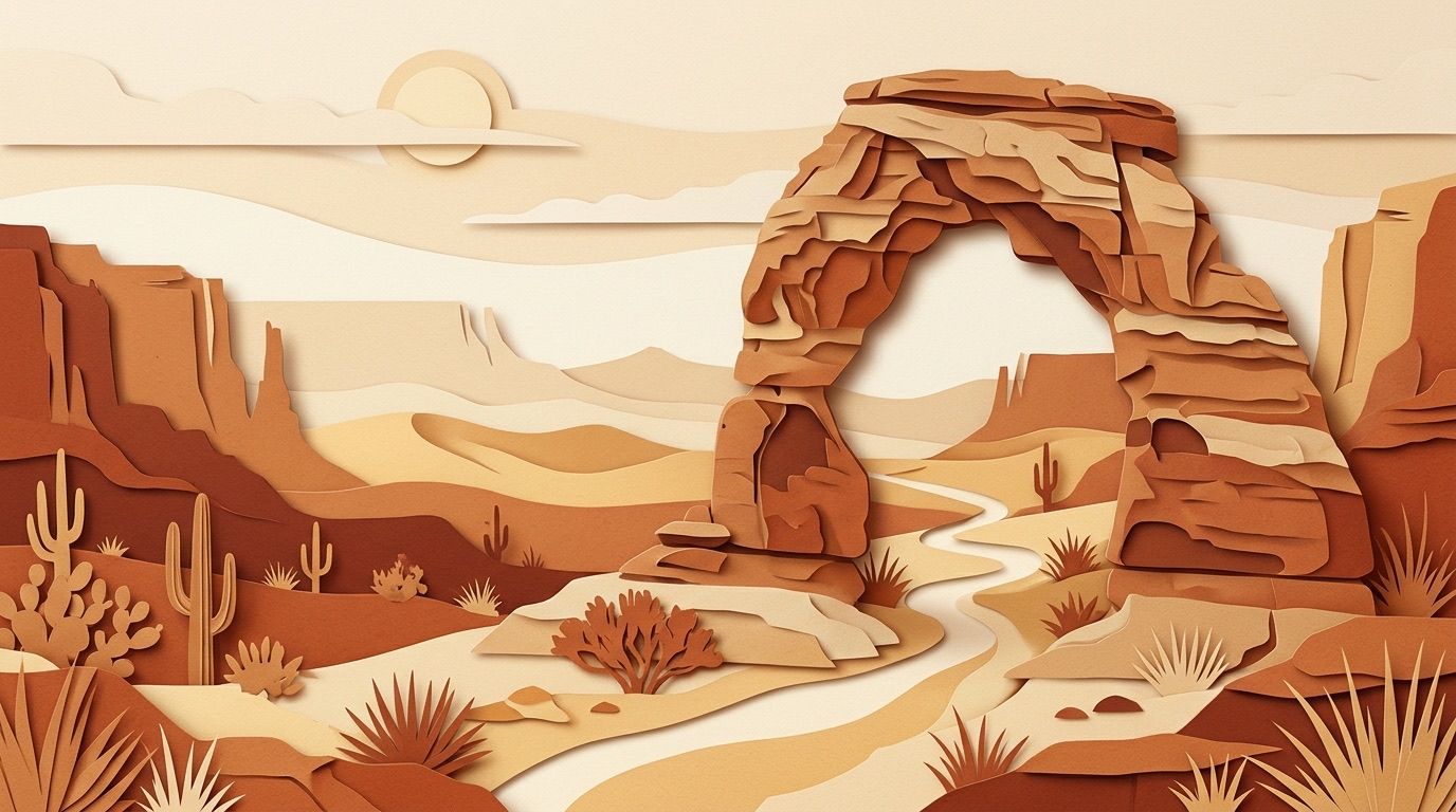 A paper-cut red rock arch made of five stacked layers, standing over a winding desert trail.
